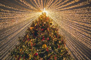 Christmas tree with twinkly lights streaming out of it