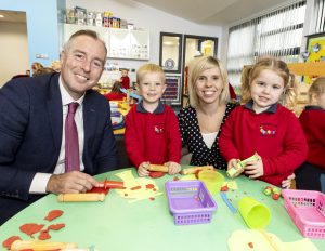 Photo caption: Education Minister pictured (l to r) with pupil Jack, Principal Lynn Wilson and pupil Alice during a visit to Drumadonnell Primary School Nursery Unit.