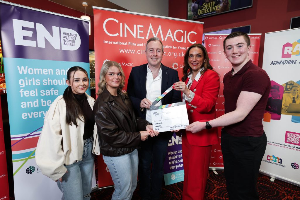 Pictured L-R are Aoibha McKee and Carla Green, Blessed Trinity College, Belfast, Education Minister Paul Givan, Joan Burney Keatings MBE, Cinemagic CEO, Jacob Quinn, St Joseph’s Boys’ High School, Newry. Press Eye/KBoyes