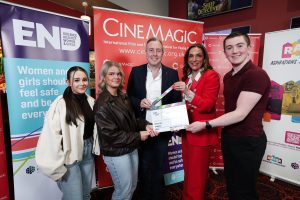Pictured L-R are Aoibha McKee and Carla Green, Blessed Trinity College, Belfast, Education Minister Paul Givan, Joan Burney Keatings MBE, Cinemagic CEO, Jacob Quinn, St Joseph’s Boys’ High School, Newry. Press Eye/KBoyes